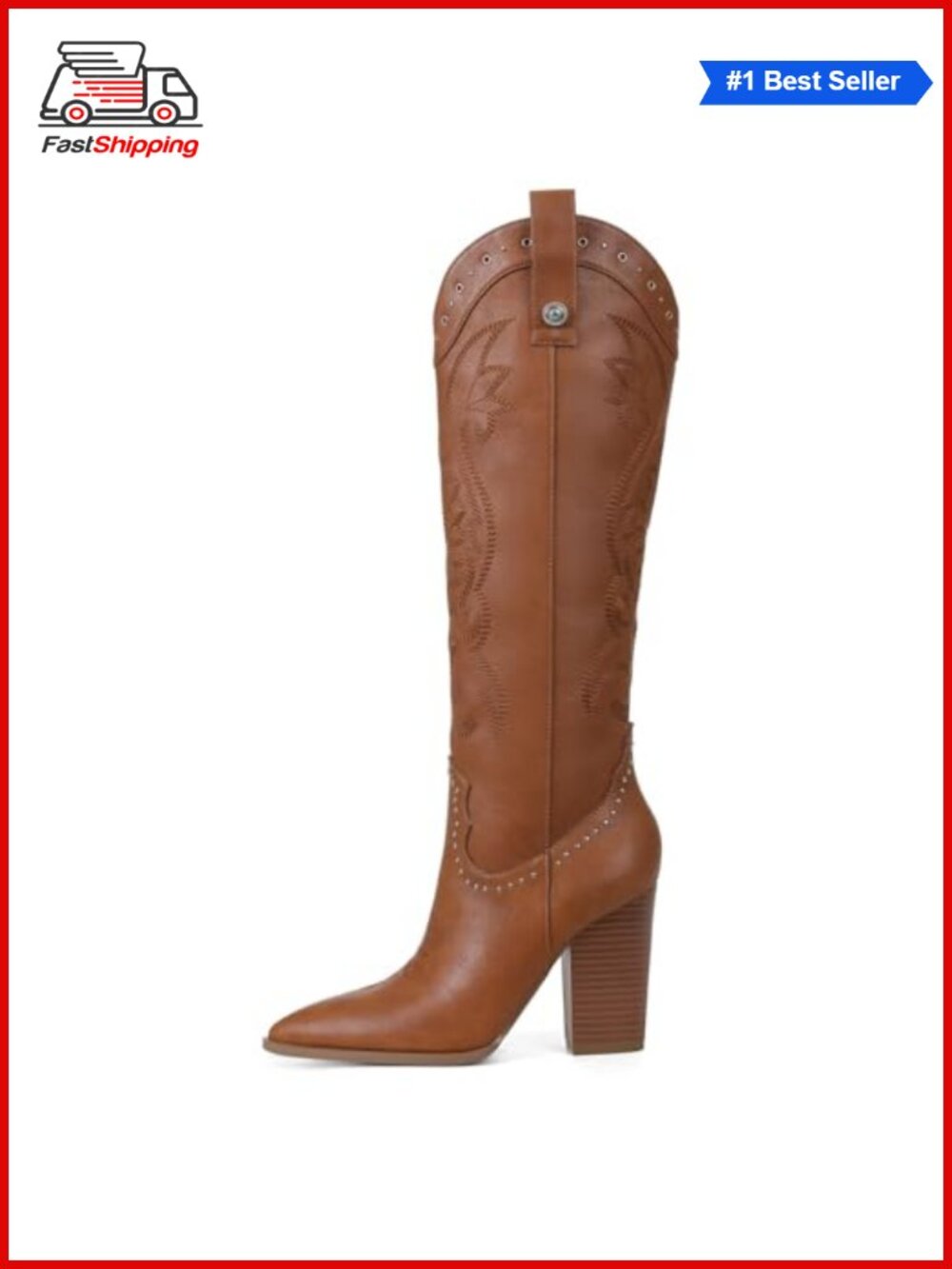 Knee High Cowboy Boots Pointed Toe Chunky High Heels Pull-on Embroidered